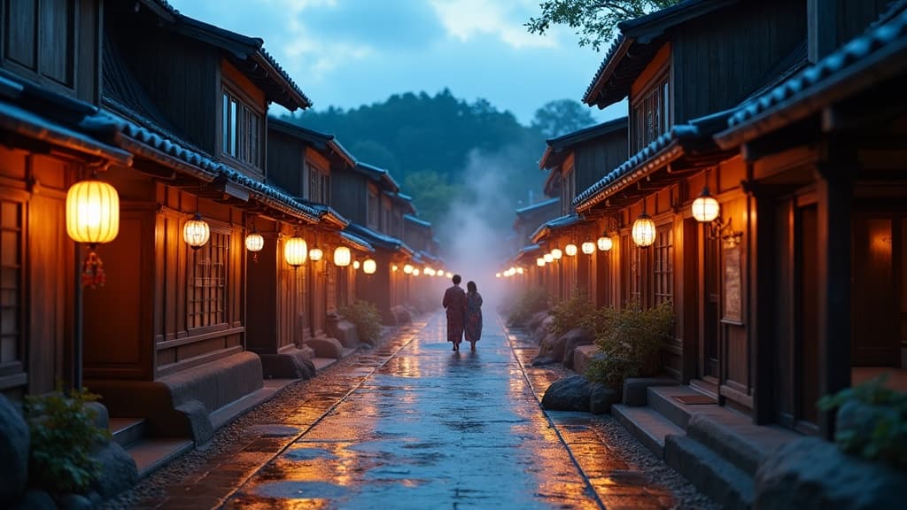 夕暮れの温泉街を歩く旅行者