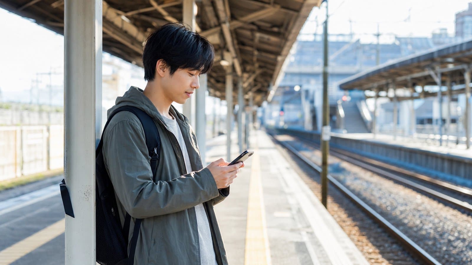 駅のホームでスマホからAIに気軽に質問する一人旅の旅行者