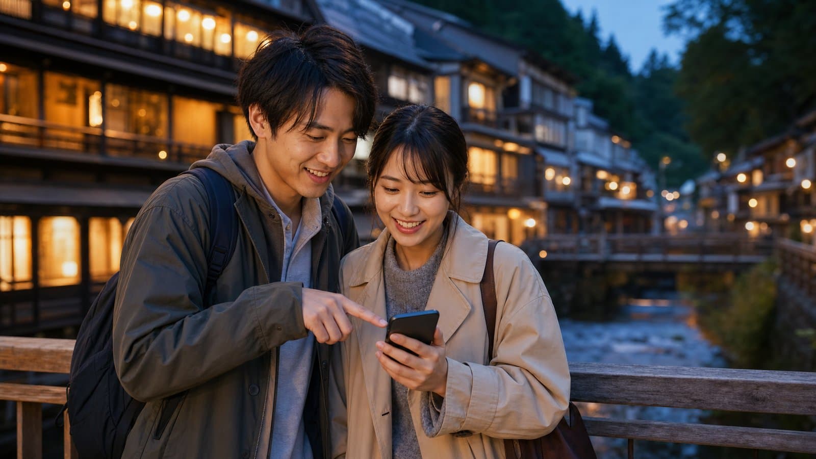 温泉街でふたりのスマホから旅程を相談する旅行者