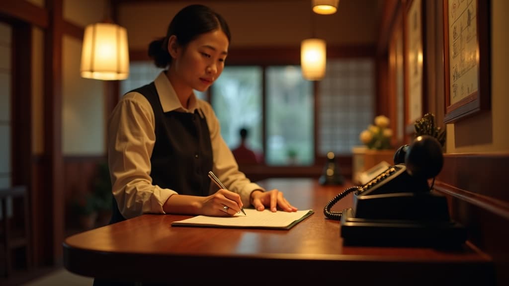 旅館のフロントで問い合わせ対応をするスタッフ