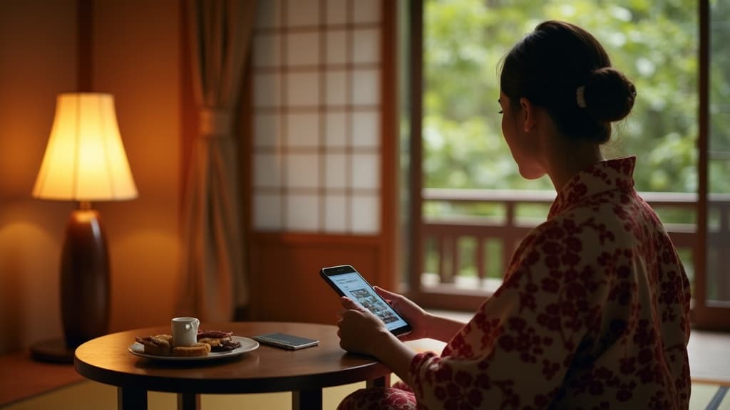 旅館の部屋でスマホからAIチャットに質問する旅行者