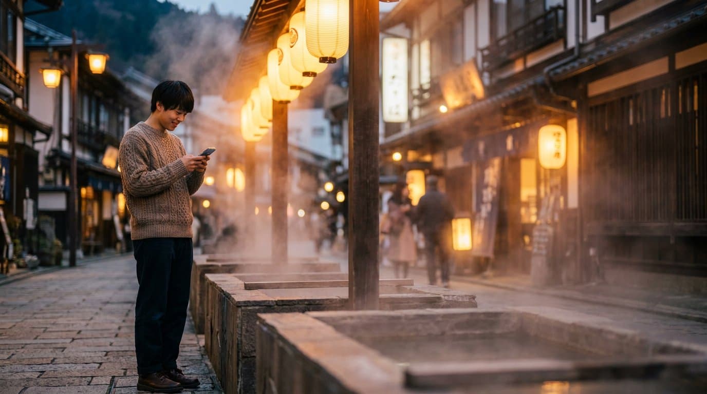 温泉街の夕暮れにスマホからAIに質問する旅行者